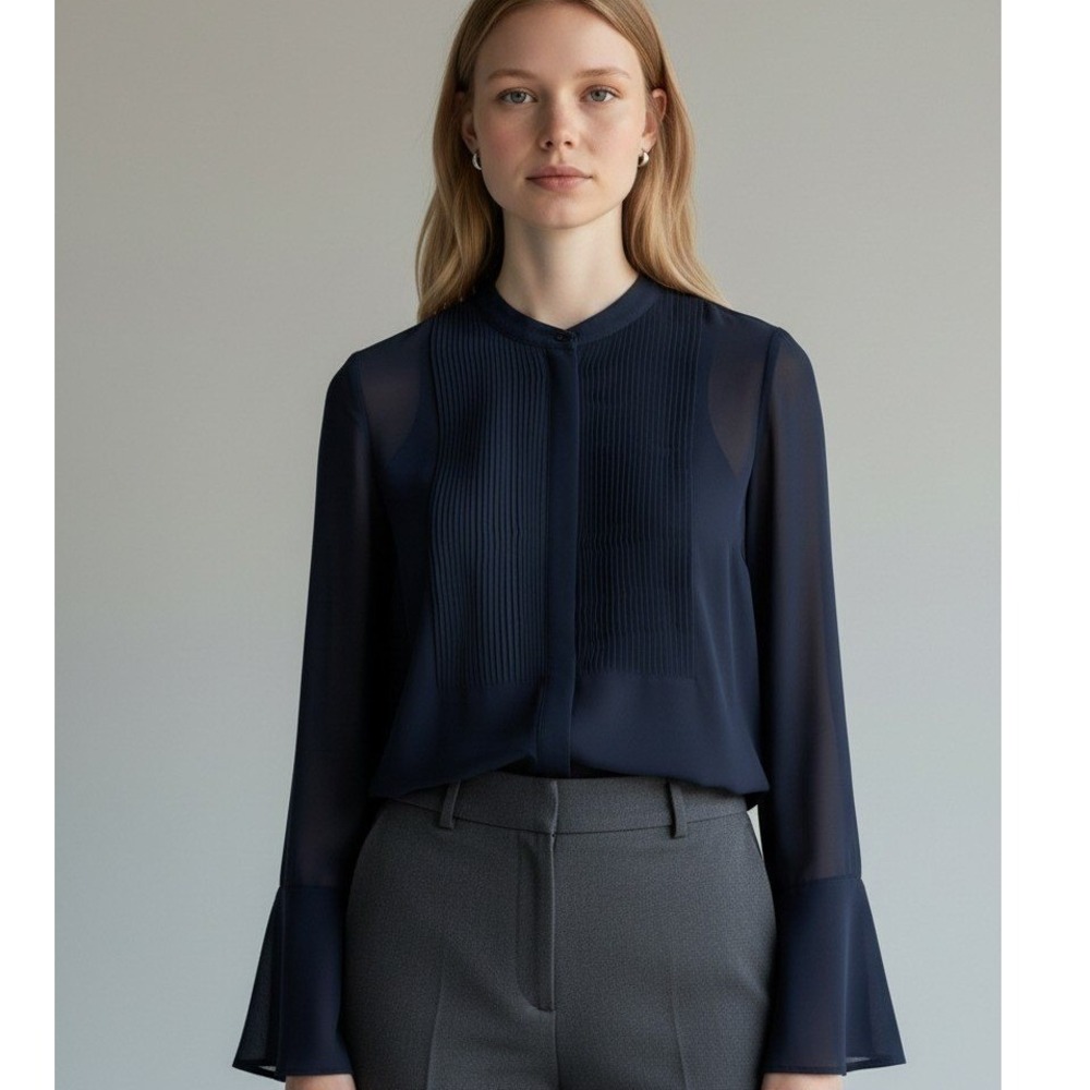 Banana Republic Blouse Top Women XS Black Pintuck Detail Button Front Minimalist